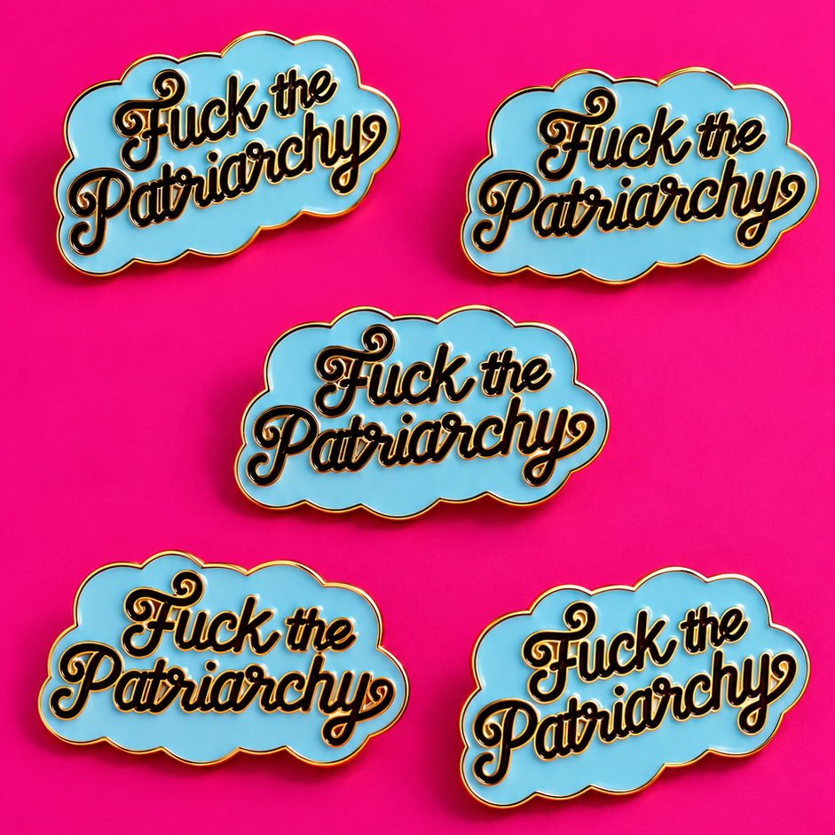 Five cloud-shaped enamel pins with the text 'Fuck the Patriarchys' in brown cursive lettering on a light blue background, arranged on a bright pink background.